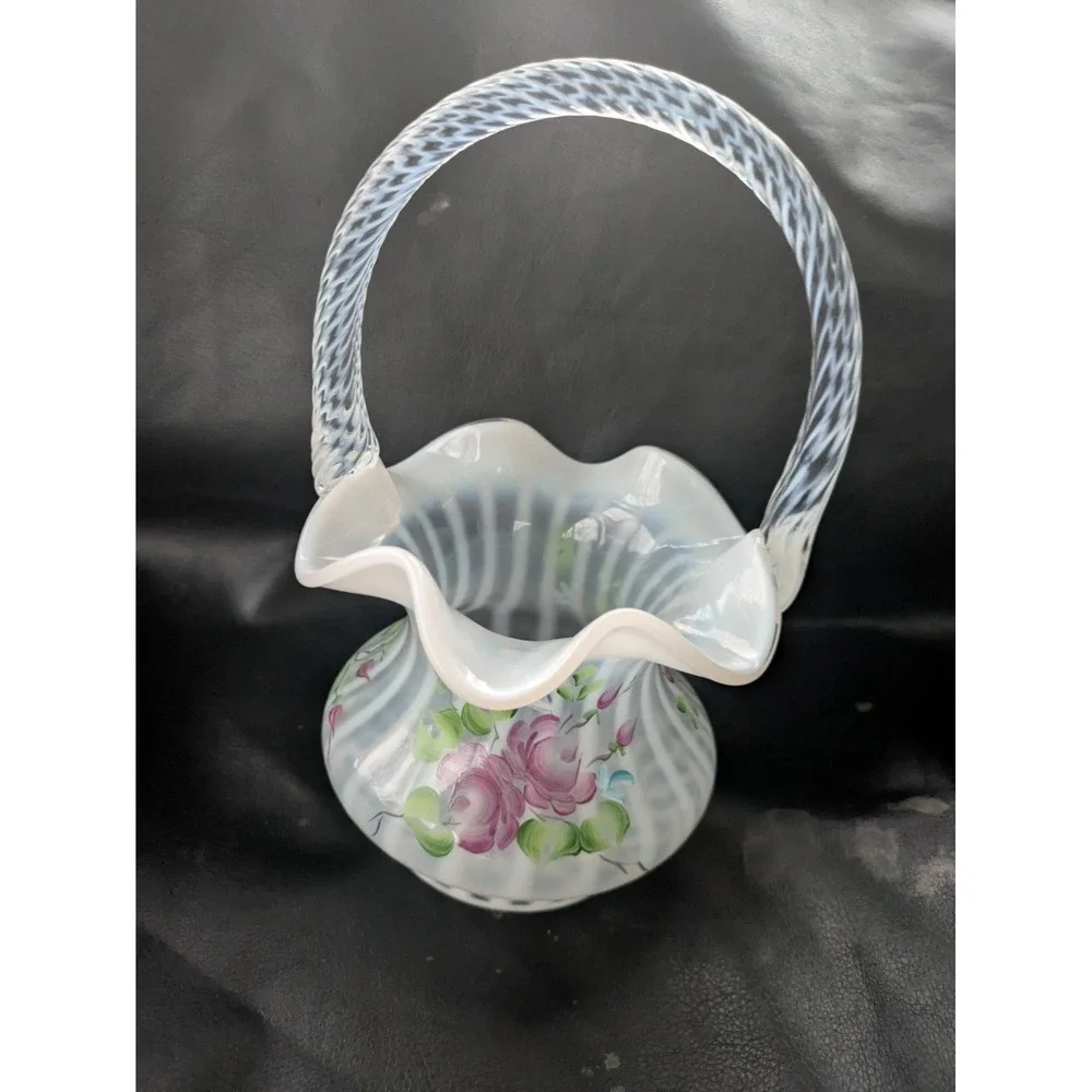 Fenton Basket French Opalescent Cottage Roses Hand Painted J D Davis 8 Inch